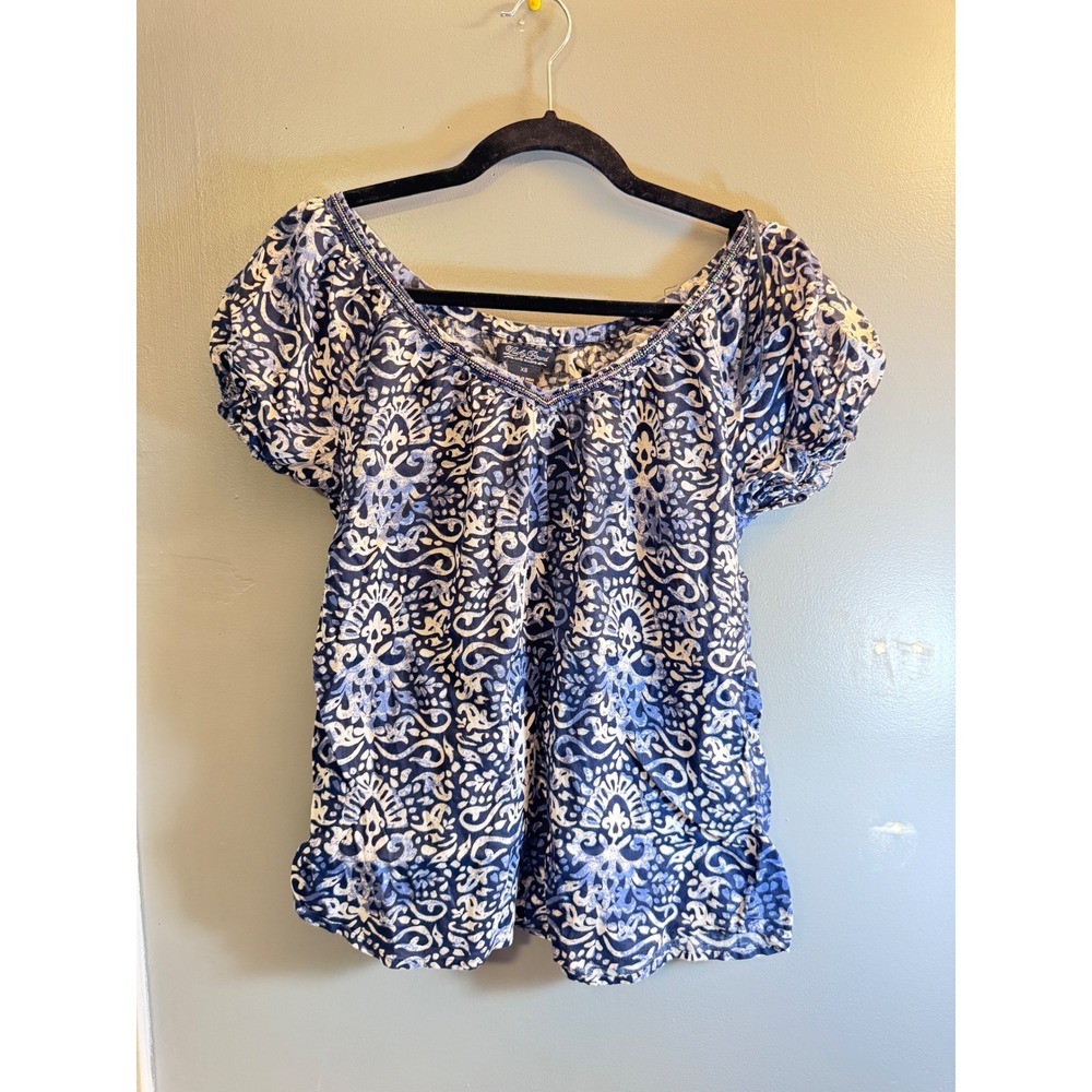 Lucky Brand Navy White Paisley Beaded Neckline Cotton Blouse XS Short Sleeve - Picture 10 of 16